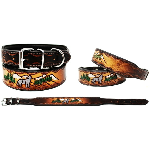 Large 21''- 25'' Padded Leather Dog Collar Heavy Duty Floral Tooled 60FK27