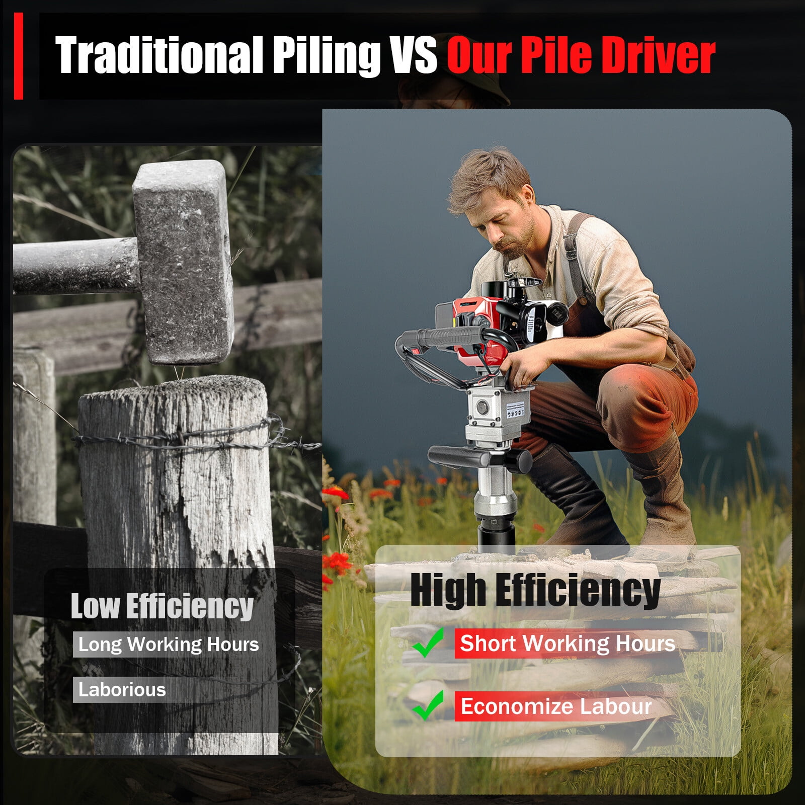 Powered T-Posts Pile Driver, 2-Stroke 32.6CC Gasoline Jack Hammer Post Piling Driver, Handheld Pile Pounder, Internal Vibration Dampening