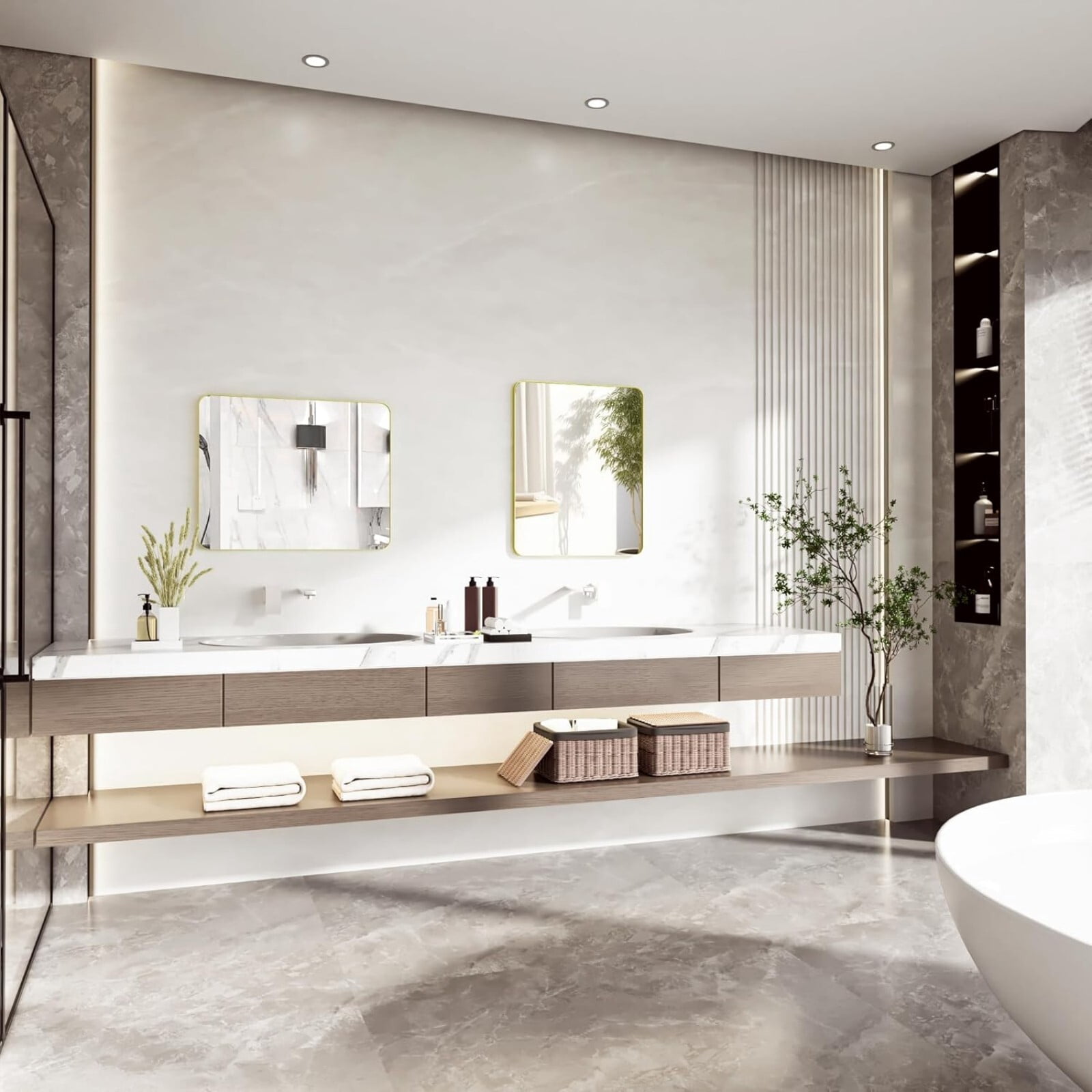BEAUTYPEAK 26"x 38" Rectangle Bathroom Aluminum Alloy Wall Mirror with Rounded Corner,Gold