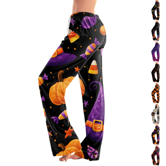 Halloween Costumes Pajama Pants Women Elastic Waist Halloween Cute Ghost Printed Loose Cotton Plus Size Sleep Pants Dark Purple 2XL