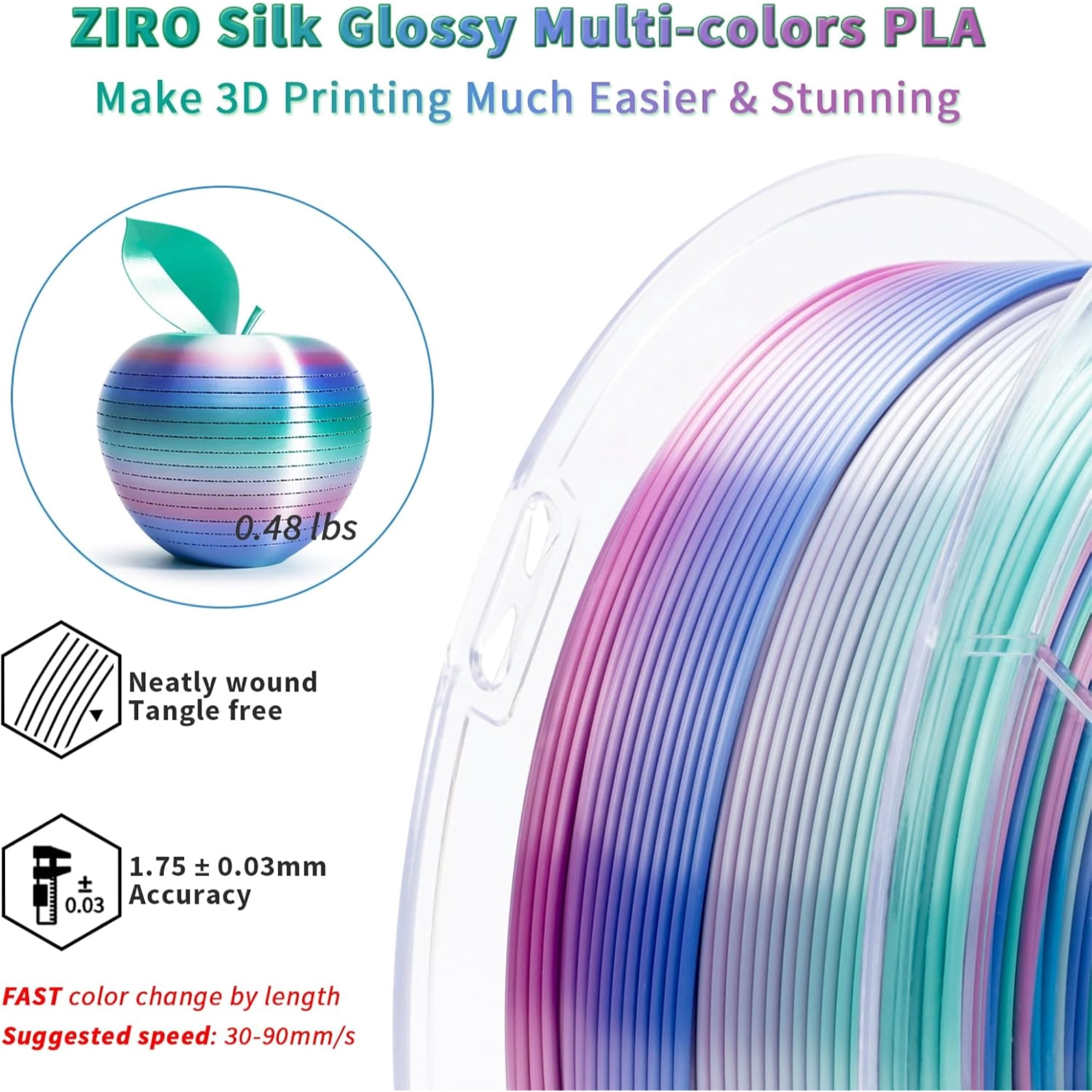 Ziro 3D Gradient Silk PLA Filament 1.75mm 1kg, Aqua sky