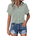 thumbnail image 2 of Yievot Button Down Shirts for Women Collared Short Sleeve Side Slit Textured Lightweight Casual Office Tops with Pocket, 2 of 7