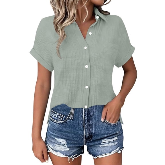 Dvprdro Womens Cotton Button Down Shirt Collared Short Sleeve Side Slits Loose Fit Casual Summer Top