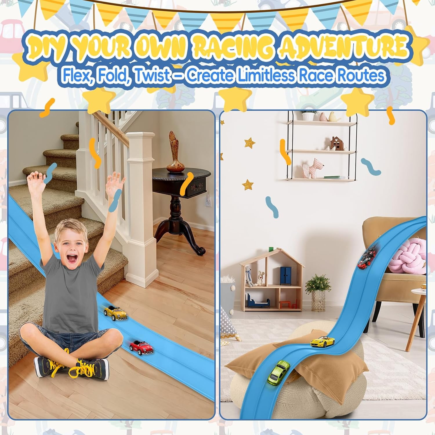 15 Ft Sky Blue Two Lane Flexible Race Car Ramp Track with Suction Cups Compatible with Hot Wheels, Matchbox, Diecast 1/50th Toy Cars Rolls Up Portable Race Track