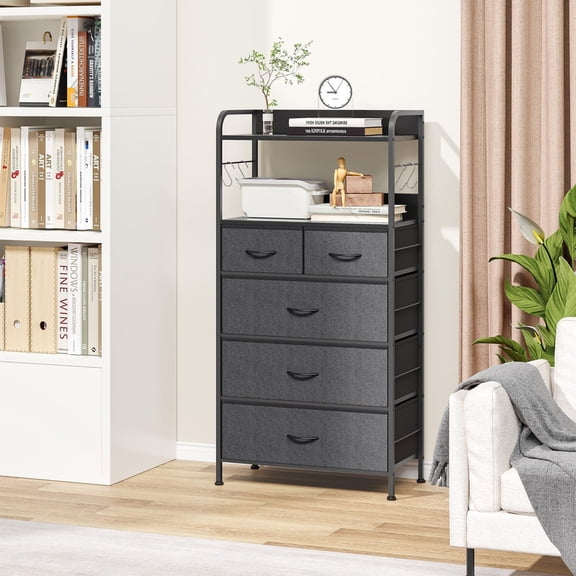 TROPOW 5 Drawer Dresser with Fabric Bins,Fabric Storage Tower,Closet Organizers and Storage for Bedroom,Hallway&Entryway,Tall Chest of Drawers with Wood Top Chest of Drawers