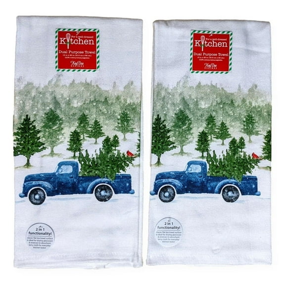 Set of 2 EVERGREEN WISHES Blue Truck Terry Kitchen Towels by Kay Dee Designs
