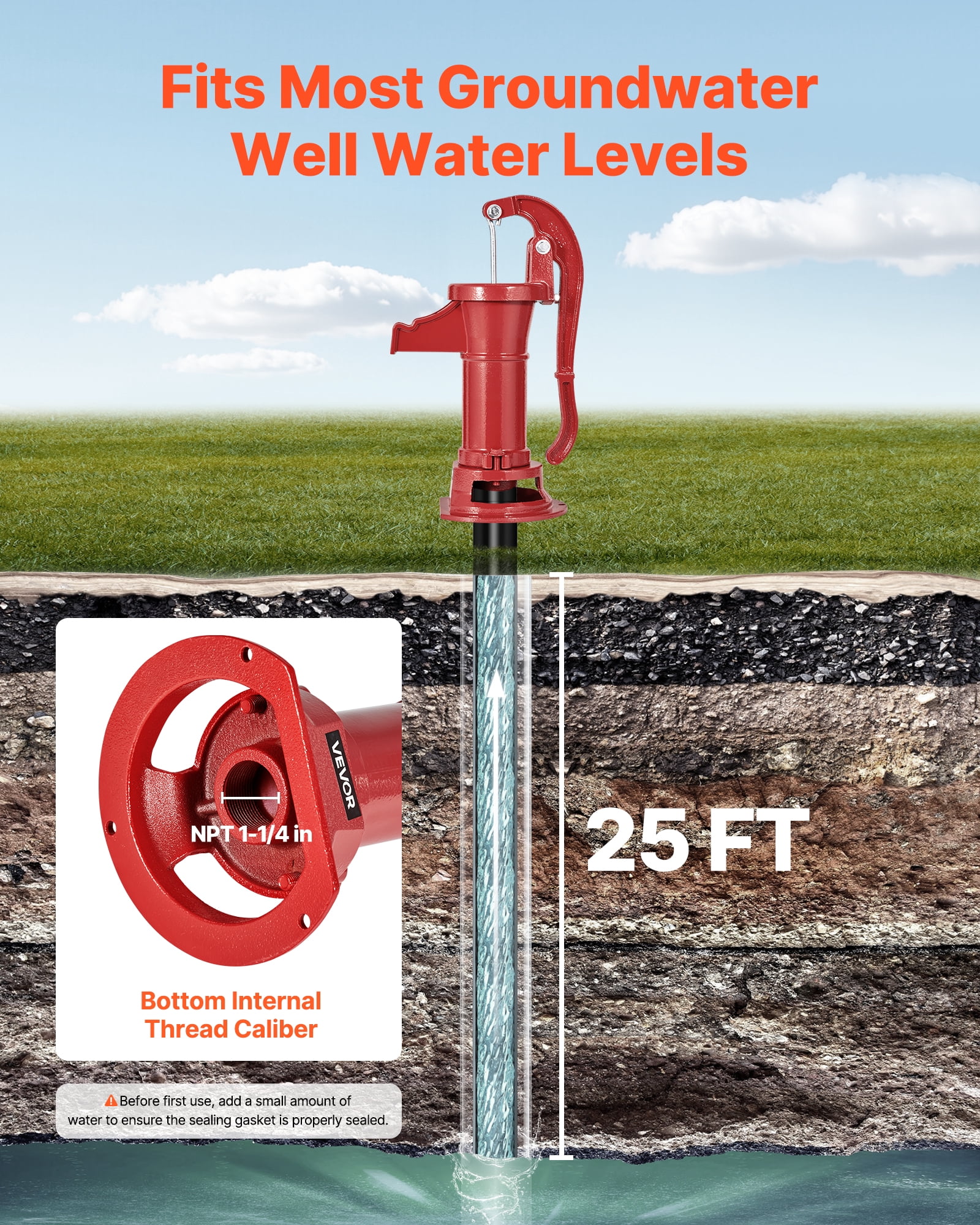 VEVOR Well Hand Pitcher Pump, 25 ft Maximum Lift, Antique Cast Iron Manual Hand Water Pump, NPT 1-1/4 in Connection, Easy Installation, Old Fashioned for Outdoor Garden, Pond, Backyard, Farm, Red