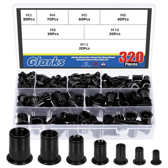 Glarks 320Pcs Metric Rivet Nuts Kit M3 M4 M5 M6 M8 M10 M12 Rivet Nuts Black Zinc Plated Carbon Steel Flat Head Rivnut Threaded Insert Rivet Nuts Asso