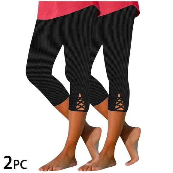 SwiftWear 2PCs Capris Pants for Women Elastic Waist Ribbed Summer Solid Casual Capri Pants Fitted Yoga Pants S