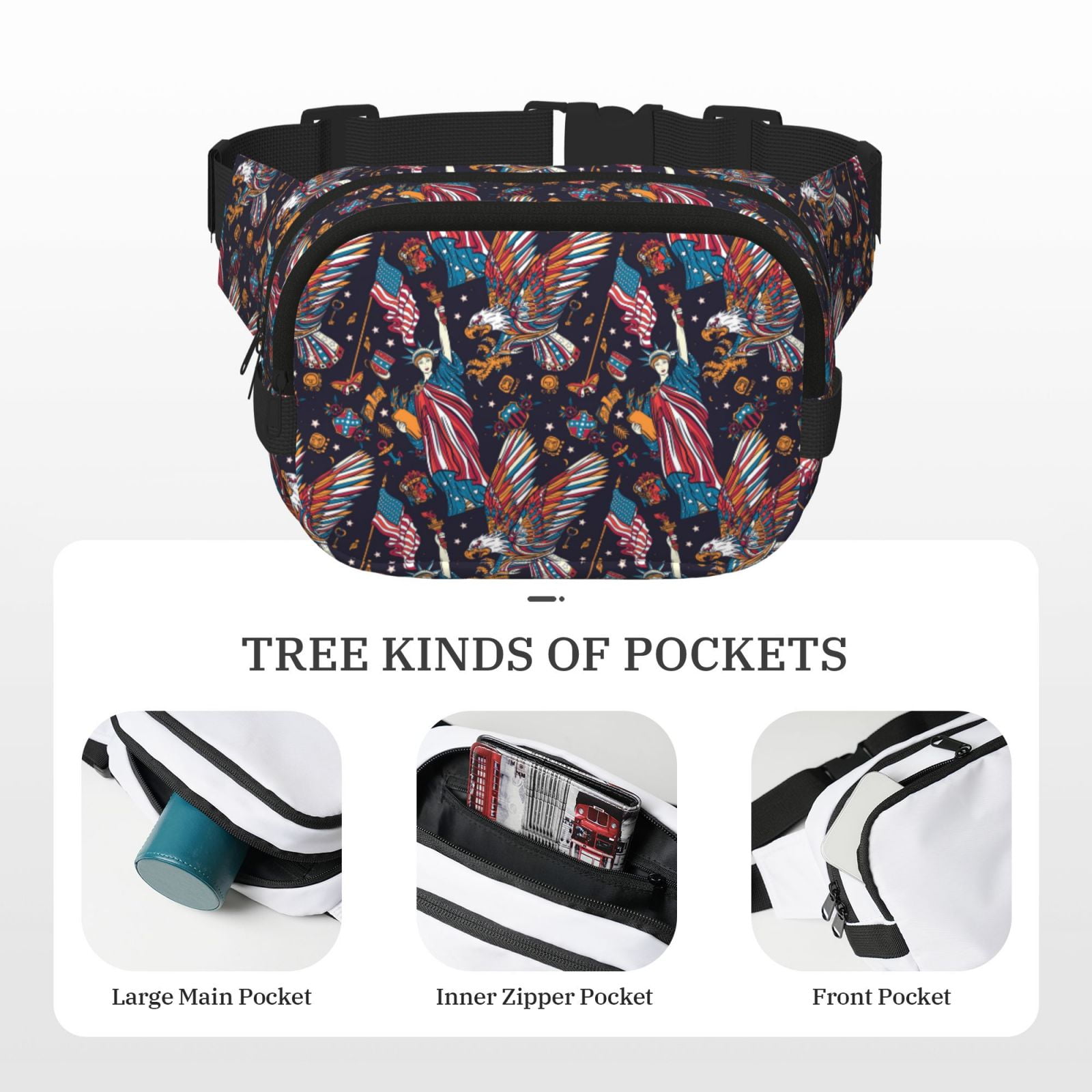 Picia United States Of America Print Square Double-Layer Waist Bag Mini Adjustable Waist Belt Bag Exercise Running Travel Hiking