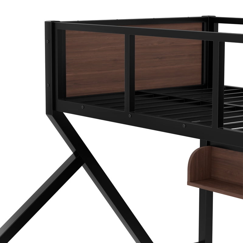 Twin XL over Queen Size Metal Bunk Bed, Kids Teens Chic Bed Frame with Bedside Storage Shelves and LED Light Strip