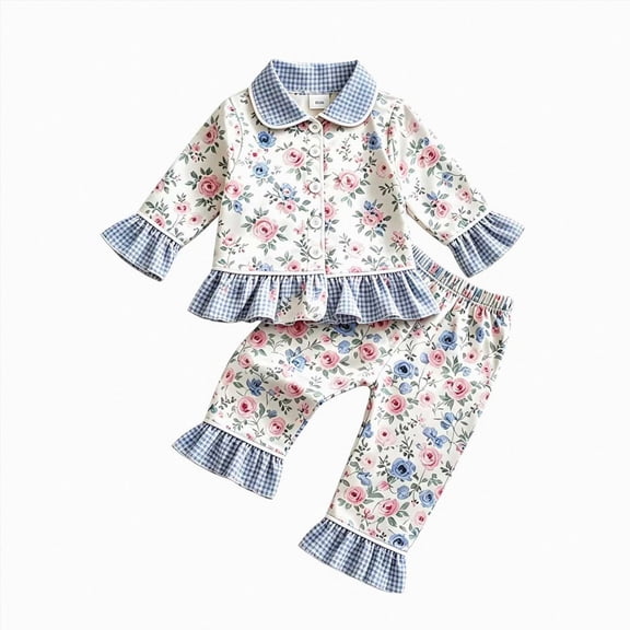 mgoYE Kids Girls Pants Sets Plaid Button Doll Collar Long Sleeve Shirt Top Long Pants Toddler Fall Clothes
