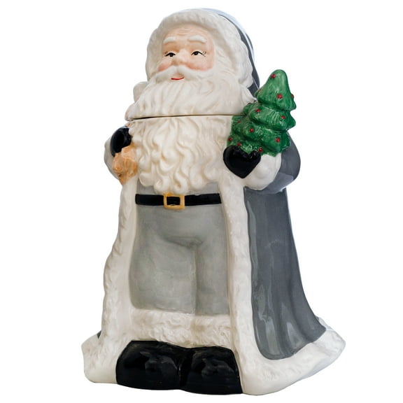 AuldHome Design Santa Christmas Cookie Jar; Neutral Gray Ceramic Holiday Treats Canister, Santa Claus Shaped