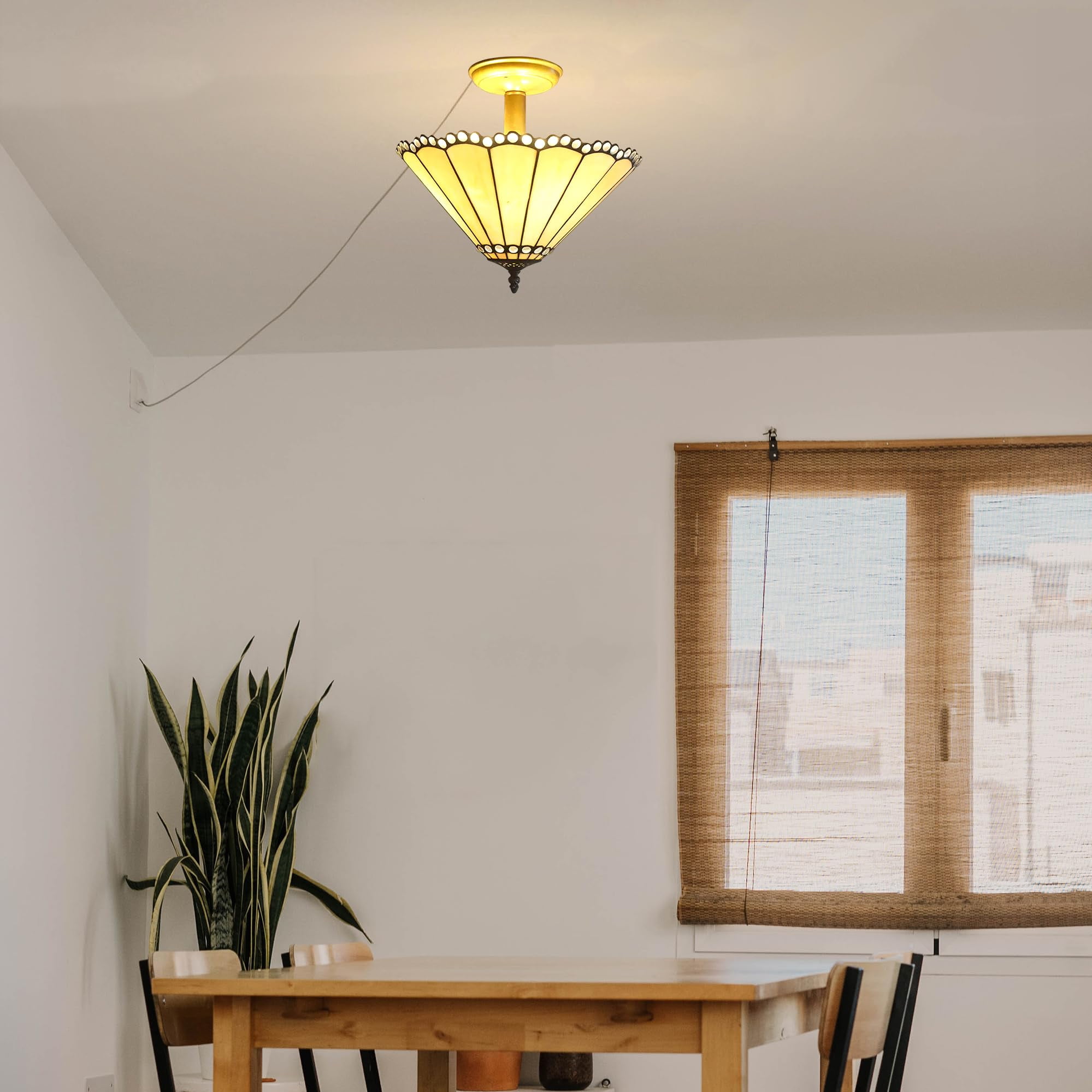 Kiven 13.8in Flush Mount Ceiling Light Fixture Dimmable, 3-Light Anti Glare Close to Ceiling Light with 15FT Plug-in Cord, Tiffany-Style Glass Chandelier for Bedroom Kitchen Hallway(No.3207)