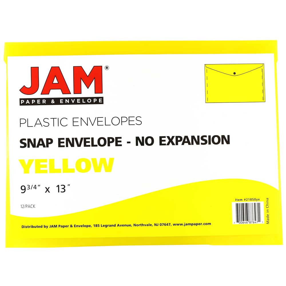 JAM Paper Plastic Envelopes with Snap Closure, Letter Booklet, 9 3/4 x 13, Yellow, 3/Pack