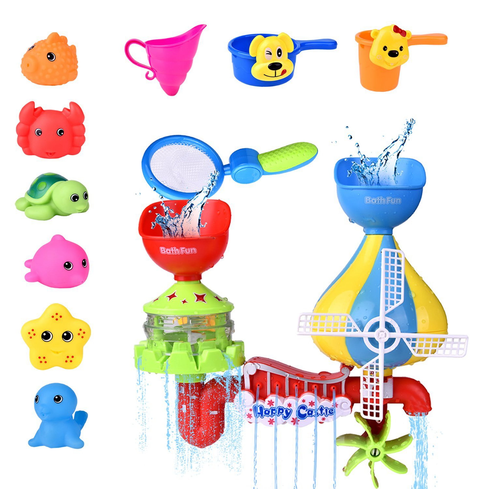 Fun Little Toys 11PCs Baby Bath Toy -Waterfall Water Station with Sea Animals Squirter Toys, Stackable Cups and Fishing Net Enhance Your Baby’s Thinking Ability and Creativity Great Bathtub Toys
