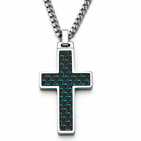 Tungsten Carbide Men's Cross Pendant With Black and Blue Carbon Fiber Inlay, FREE 24 Curb Chain