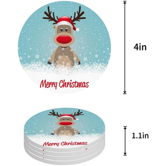 FMSHPON Merry Christmas Deer Set of 8 Round Coaster for Drinks, Absorbent Ceramic Stone Coasters Cup Mat with Cork Base for Home Kitchen Room Coffee Table Bar Decor