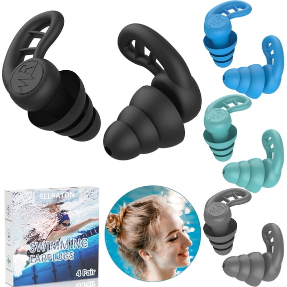 Swimming Ear Plugs for Adults, 4 Pairs Reusable Silicone Waterproof Earplugs for Swimming Showering Surfing Snorkeling Water Sports, Multicolor