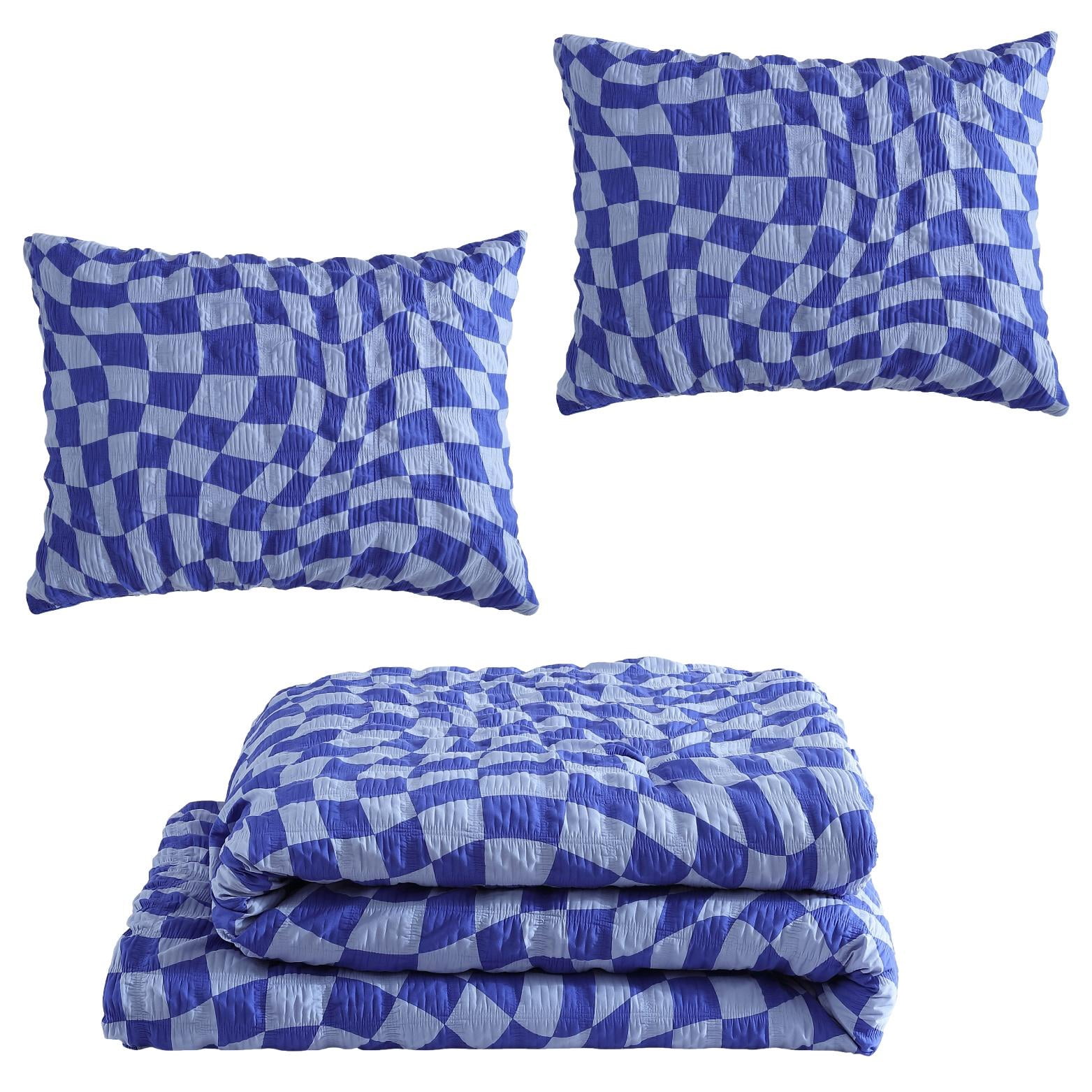 Urban Shop 3 Piece Textured Blue Check Comforter Set, Full/Queen