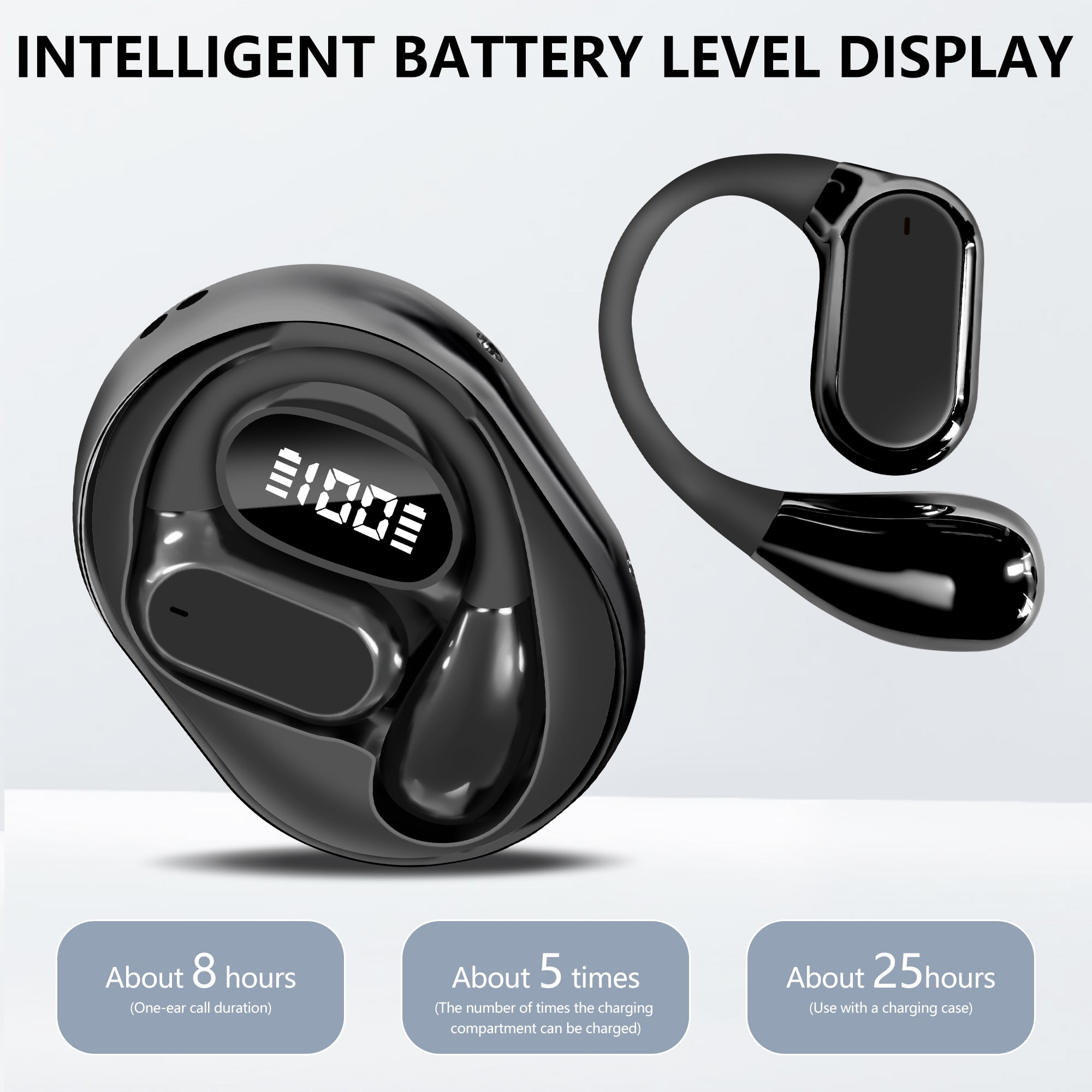 True Wireless Stereo Earphone, Open Ear Touch Control Bluetooth Headphone with Earhook, Type-C Charging Earphone for Meeting/Travel/Video/Game, Black