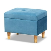 Contemporary Sky Blue Velvet Fabric Upholstered & Oak Brown Finished Wood Storage Ottoman