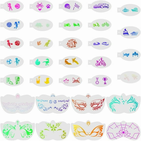 32Pcs Face Paint Stencils Reusable Facial Body Painting Templates Dinosaur Football Car Drawing Makeup Temporary Tattoos Stencil for Holiday Party Art Wood Wall Painting Crafts Mixed Color