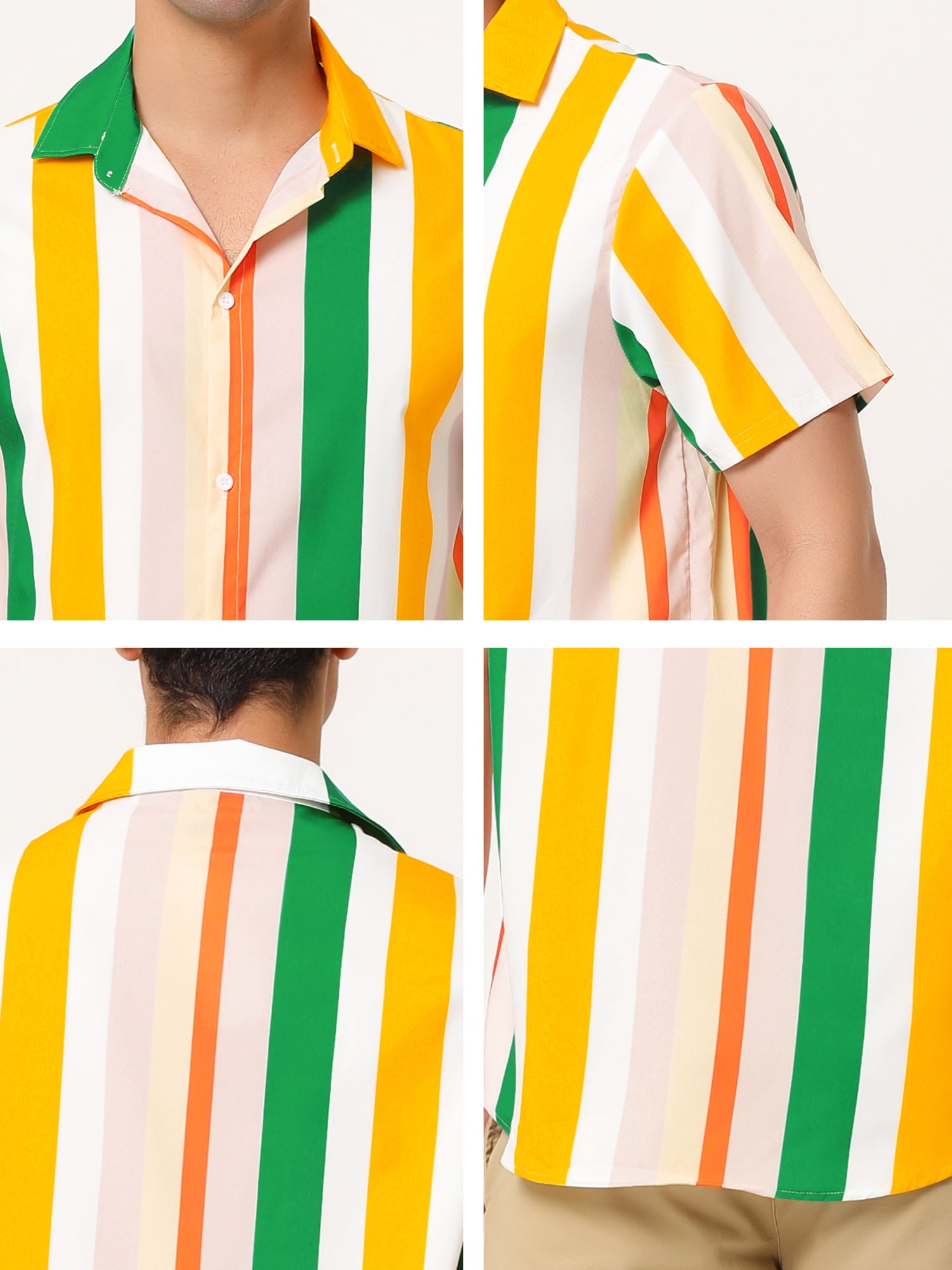 Unique Bargains Men's Summer Striped Shirt Short Sleeve Button Down Beach Shirts XL Pink Green Orange