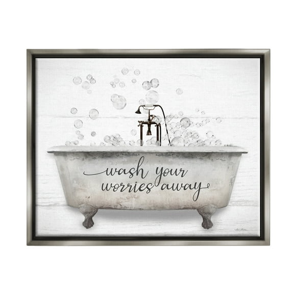 Stupell Wash Your Worries Away Tub Bubbles Typography Painting Gray Floater Framed Art Print Wall Art