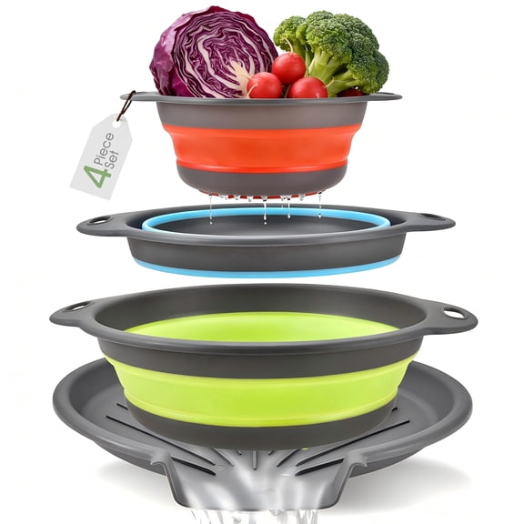 Collapsible Colanders with Self-Draining Base for Edge of Sink, Food Strainers (Small/Med/Large), Nested Design for Easy Storage (Red, Blue, Green) (4PC Set)