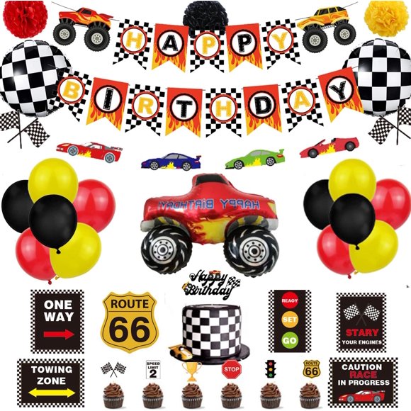 Race Car Birthday Party Decoration Set Race Car Party Signs Racing Birthday Banner Checkered Flags Balloons for Boys Let s go Racing Party Supplies with Banner Cake Topper Monster Truck Balloons