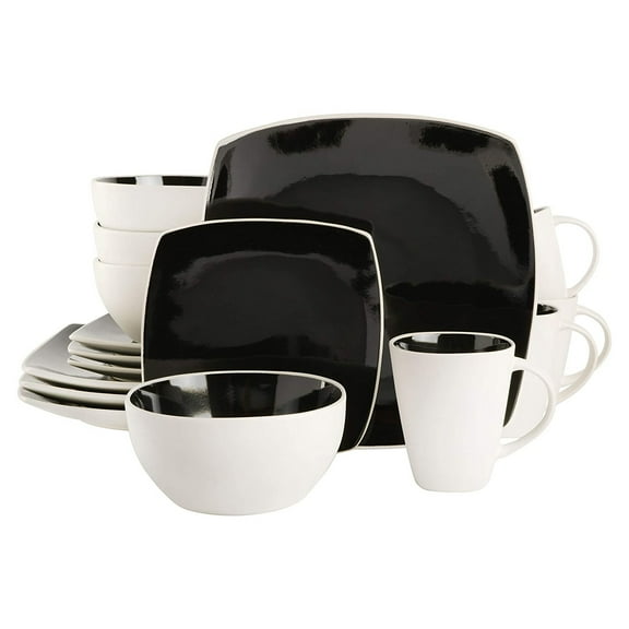 Gibson Soho Lounge Square Glazed 16 Piece Stoneware Set, Black and White