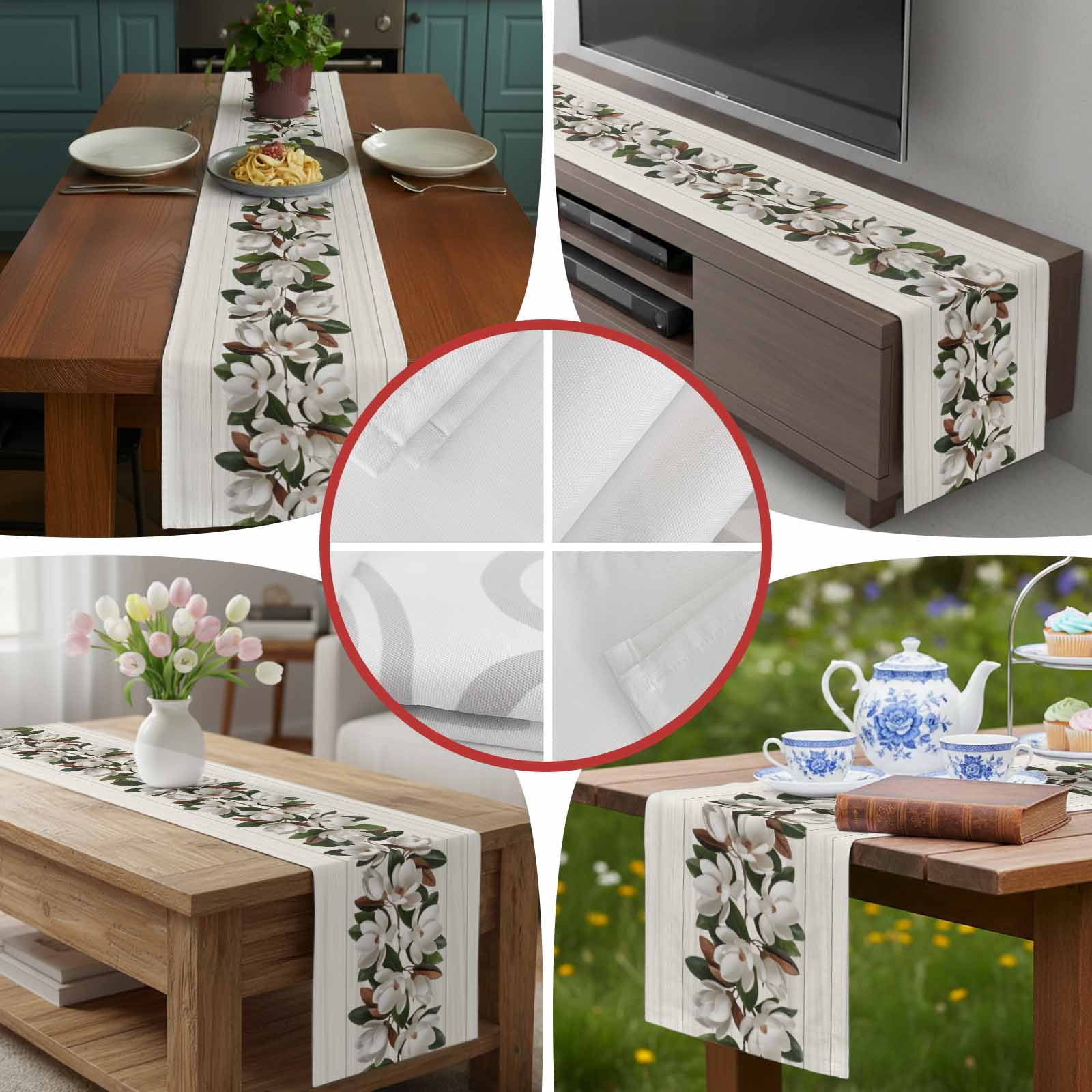 Magnolia Plant Flower Table Runner 90 Inches Long, Farm Vintage Wood Grain Table Runners Tabletop Scarf Kitchen Dining Tables Decoration for Home Party Indoor Outdoor