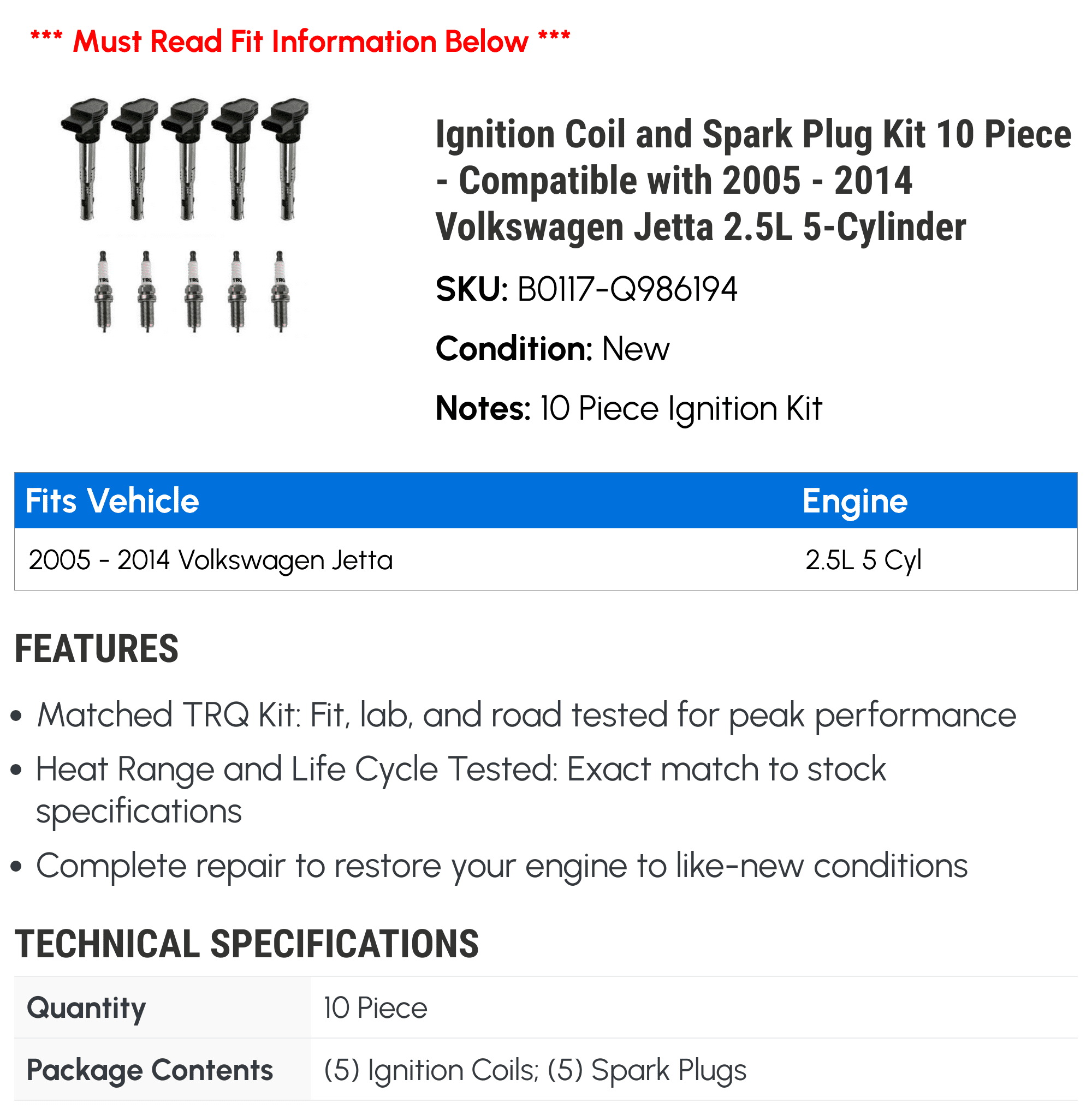 Ignition Coil and Spark Plug Kit 10 Piece - Compatible with 2005 - 2014 Volkswagen Jetta 2.5L 5-Cylinder 2006 2007 2008 2009 2010 2011 2012 2013