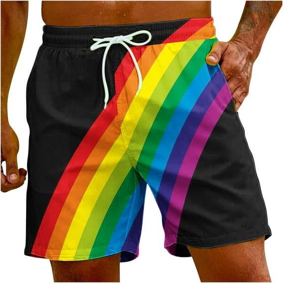 Penkiiy Men's Holiday Style Rainbow Special Print Beach Casual Trouser Shorts Pants L Multicolor