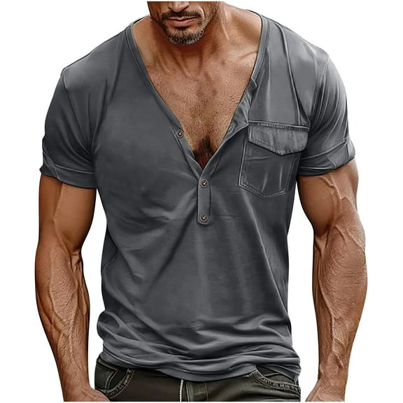 Homenesgenics Mens Shirts Men Tops T Shirts for Man Fashion Men Casual Button Solid Color Short Sleeve-Neck Blouses Shirts Gray M