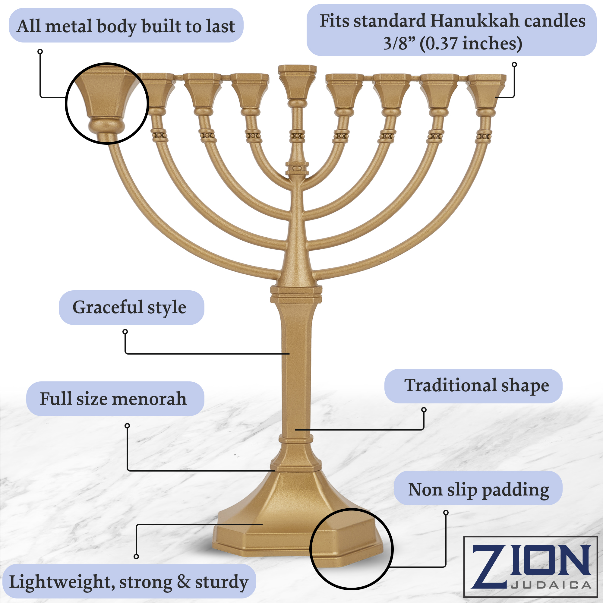 Traditional Graceful Style Menorah 9.5" Tall Non Tarnish - Precision Die Cast Classic Chanukah Candle Menora (Satin Gold) By Zion Judaica - image 5 of 6