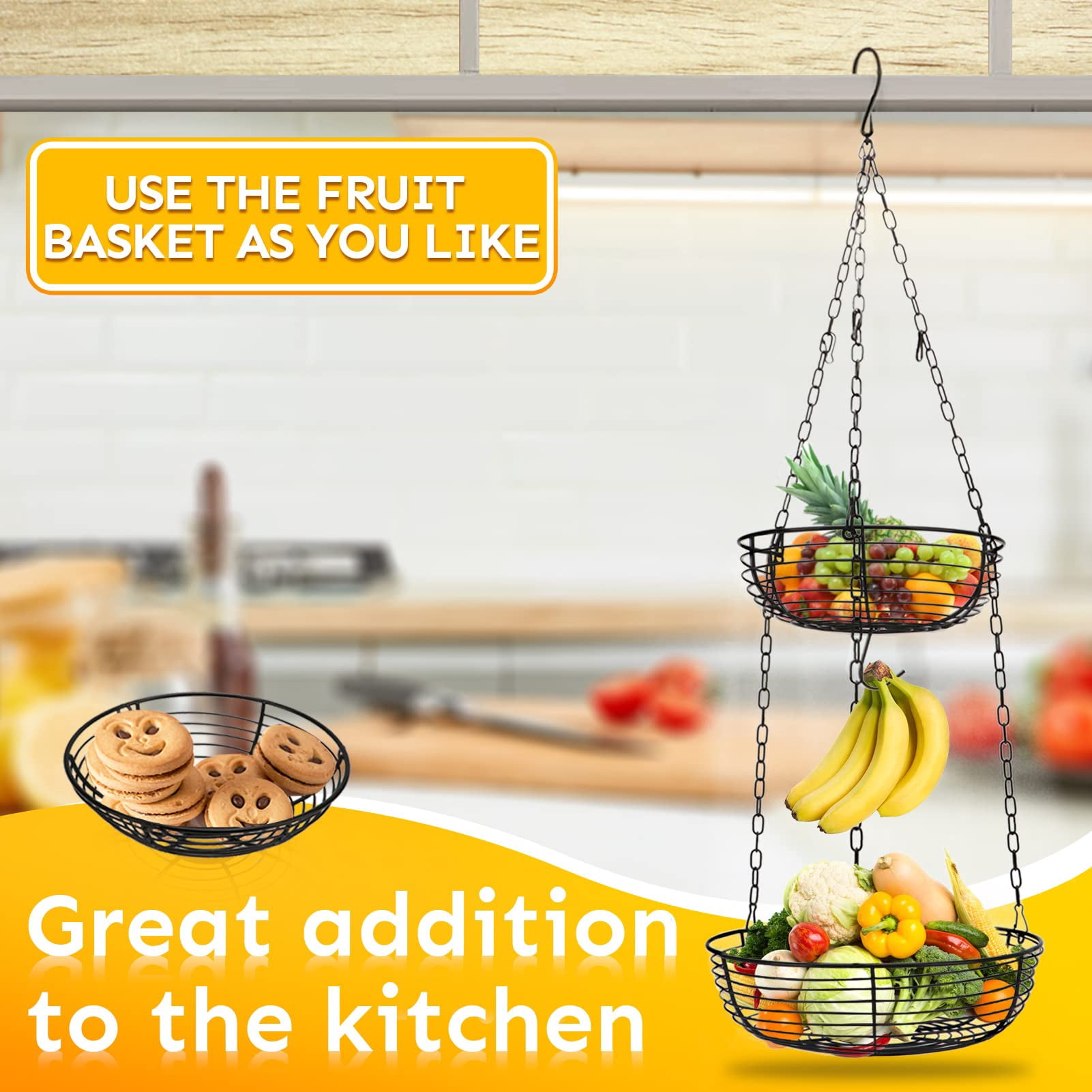 3 Tier Hanging Fruit Basket with Banana Hook, Heavy Duty Wire Hanging Baskets for Kitchen Storage, 36 Inch Hanging Vegetable Produce Basket Organizer (Including Installation Bracket)