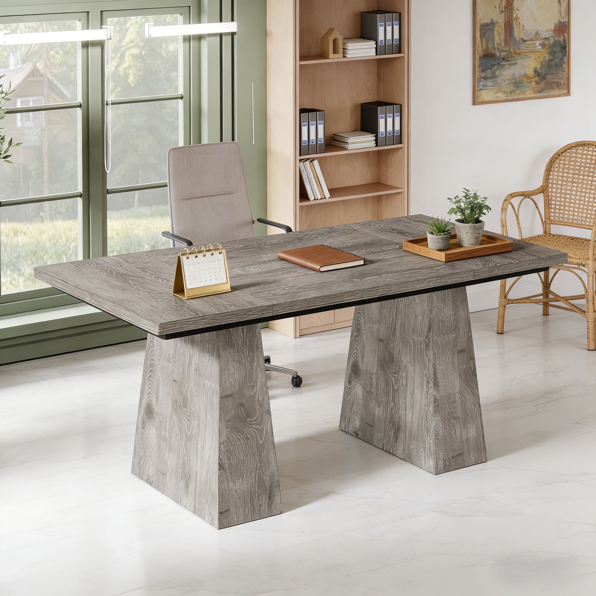 63-Inch Executive Desk, Large Home Office Computer Desk With Double Pedestal, Modern 250LB Heavy-Duty Workstation, Writing Table Conference Table, Grey Business Furniture