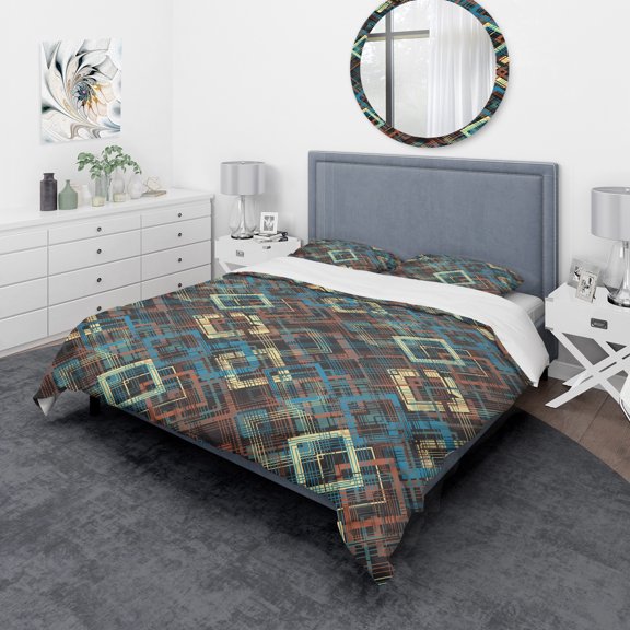 Designart 'Vintage yellow blue and blue diamond squares' Vintage Duvet Cover Set