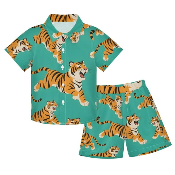 joogoo Boy Shorts Set Cartoon Tigers Cute 2 Piece Short Sleeve Button Down Hawaiian Shirt Shorts 5-6T