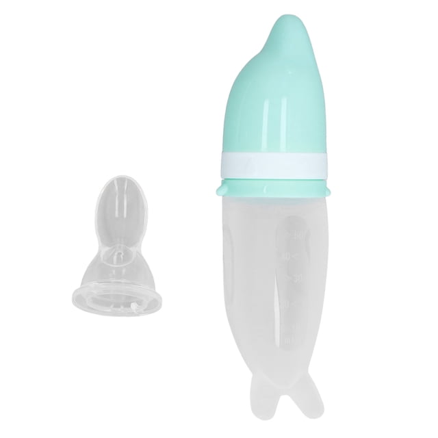 Juego de comedero para bebé, cuchara de silicona de grado alimenticio con forma bonita, biberón para bebés, color verde