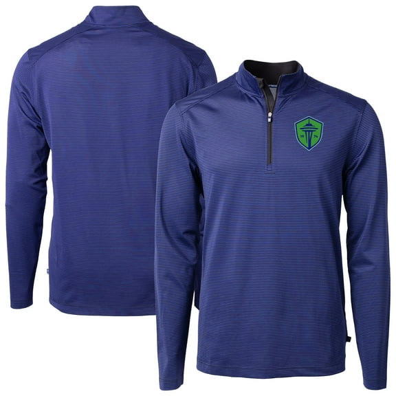 Men's-Cutter & Buck  Blue Seattle Sounders FC Virtue Eco Pique Micro Stripe Recycled Quarter-Zip Top