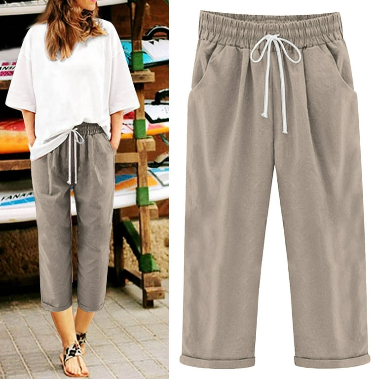 Womens Drawstring Elastic High Waist Cropped Pants Summer Casual Cotton  Linen Capri Pants Trousers with Pockets