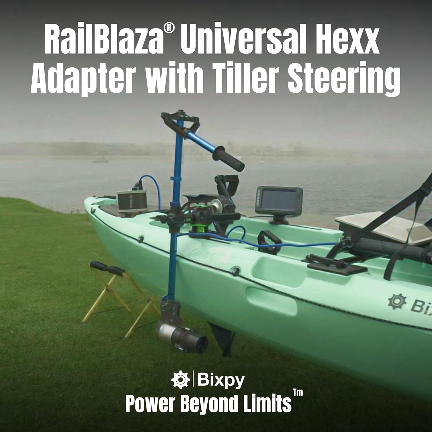 Bixpy RailBlaza Universal Hexx Adapter with Tiller Steering – Kayak Motor Mount for T-Track & Flat Surface, Quick-Release System, Removable or Permanent Setup, Compatible Motors