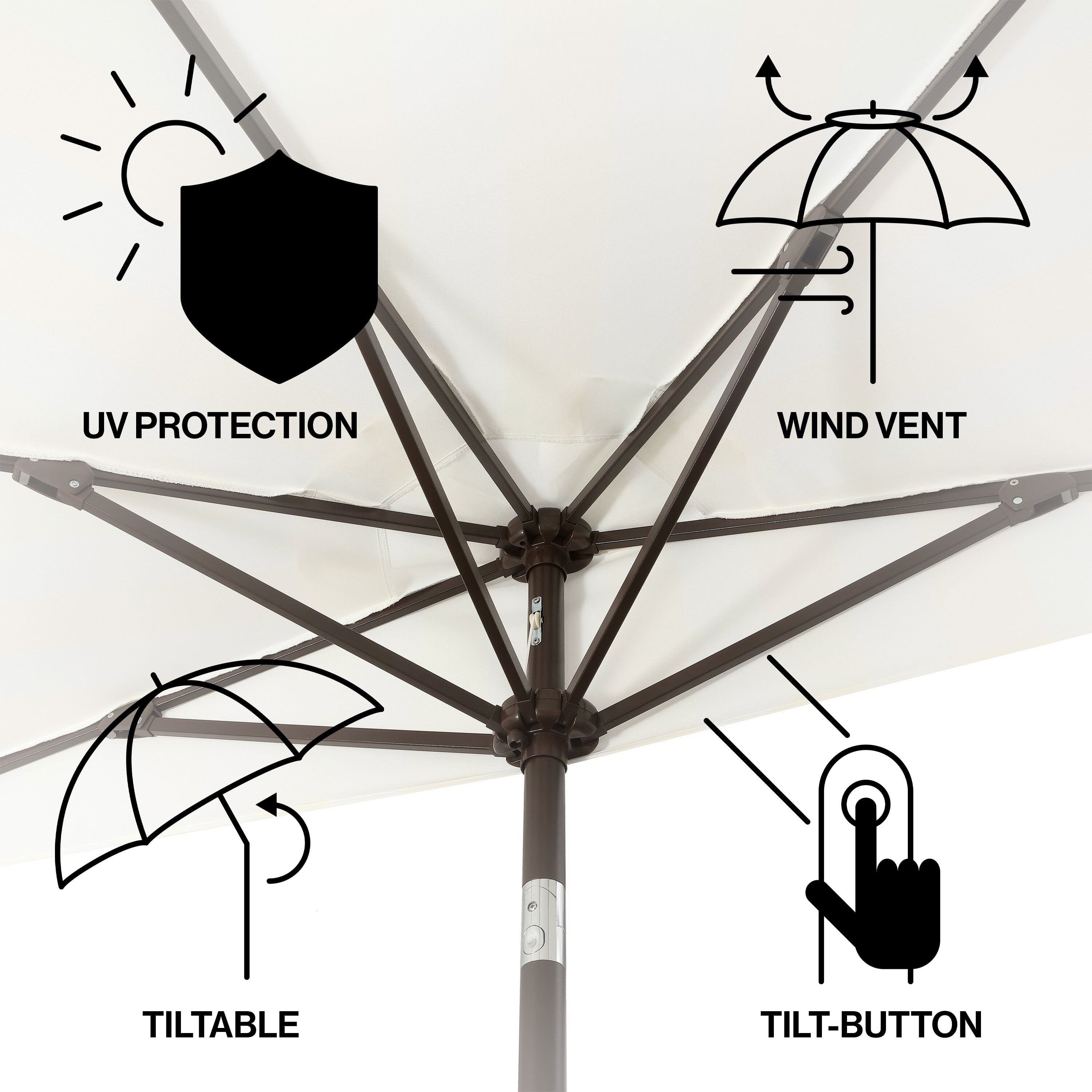 JONATHAN Y Beverly 9 ft. Half Market Patio Umbrella, Designer Classic Scalloped Fringe with Crank, Tilt Button and UV Protection, Cream/White, Dark Brown Pole