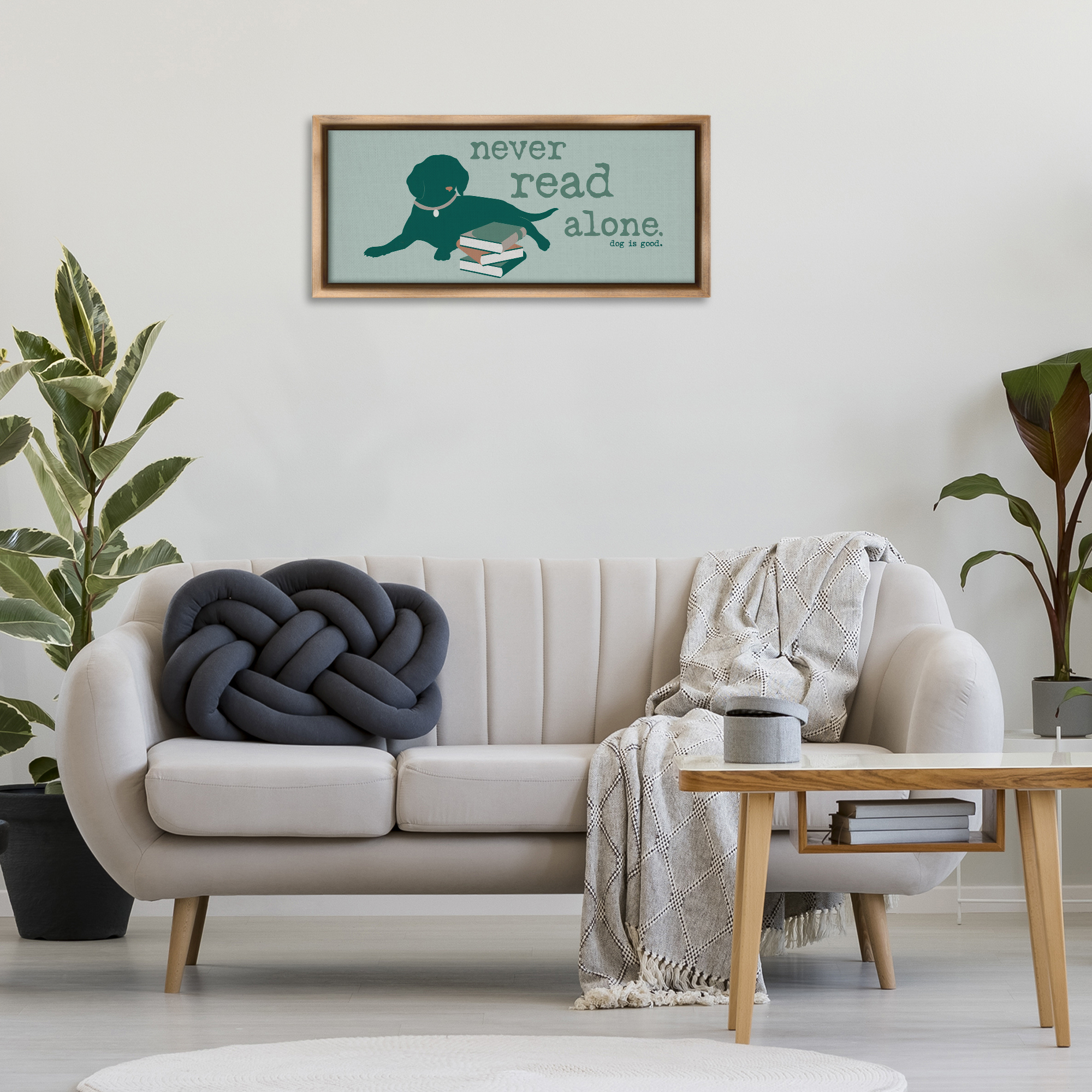 Stupell Industries Never Read Alone Dog Animals Painting Brown Floater Framed Canvas Art Print Wall Art, 31 x 14