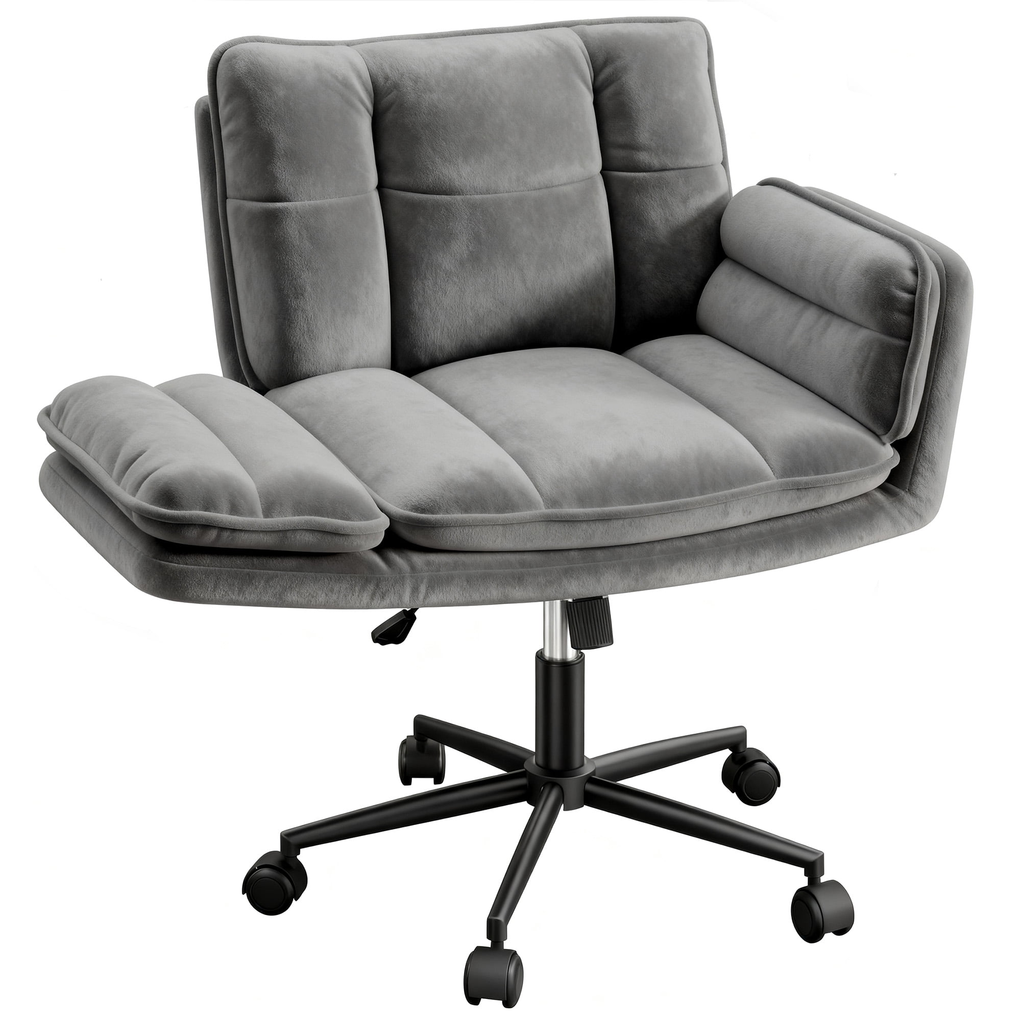 Romorgniz Criss Cross Chair with Wheels Plush Fleece Vanity Chair with 5-Gear Adjustable Armrests Ergonomic Office Chair for Home Office, Gray