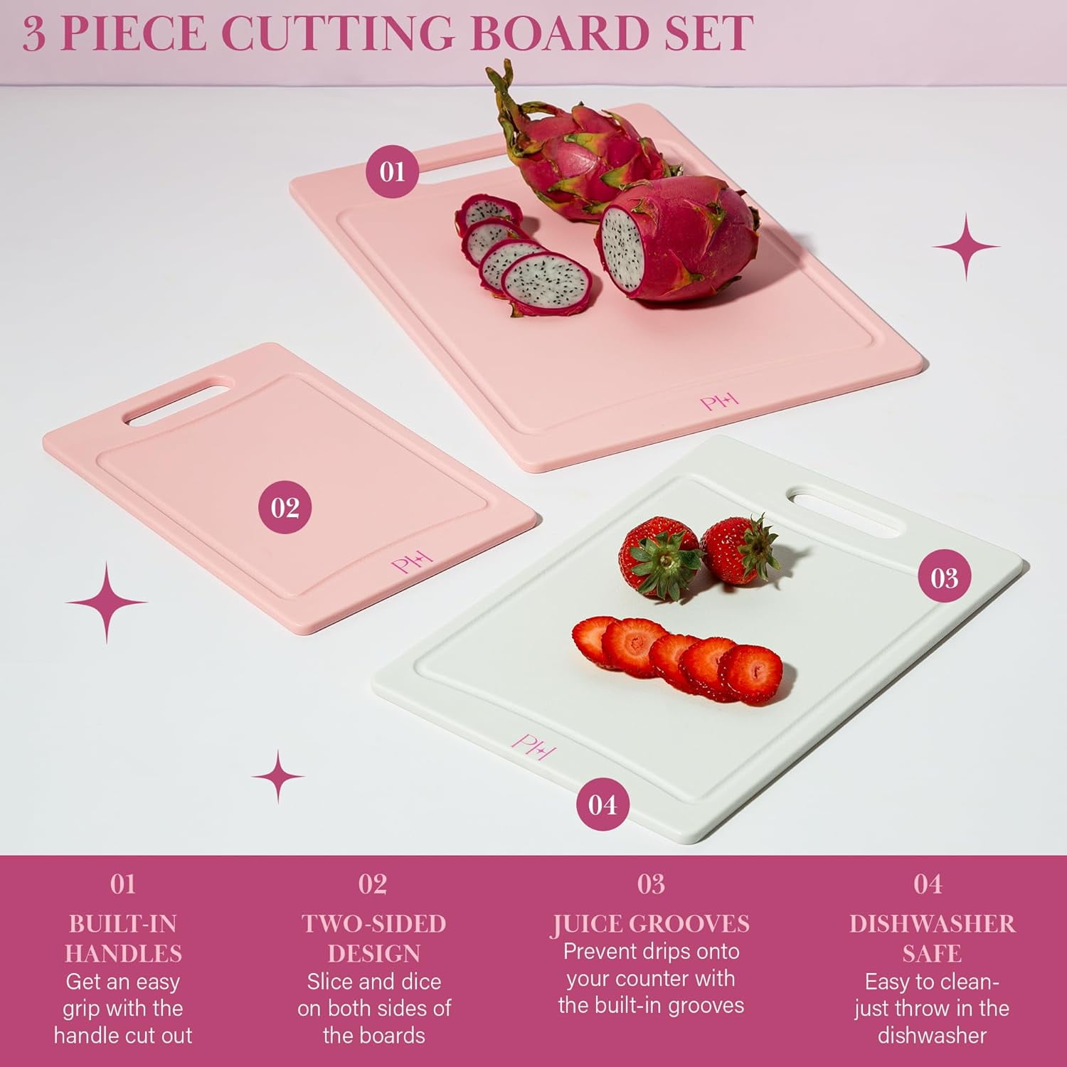 Cutting Boards, Dual-Sided Board Set with Built-in Juice Grooves, Easy-Grip Handles, Heavy-Duty Plastic Made without BPA, Dishwasher Safe, 3-Piece Set, Pink and Cream