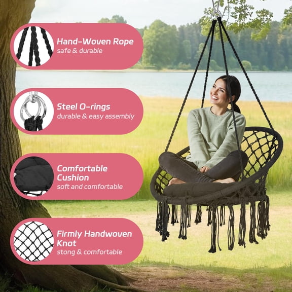 Black Macrame Hanging Swing Chair with Cushion & Hardware Kit, Boho Cotton Rope Hammock Chair for Patio Balcony Bedroom